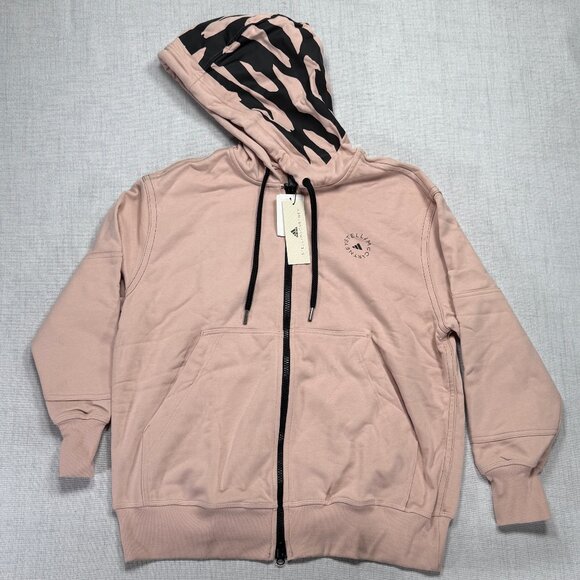 Adidas Stella McCartney Hoodie Full Zip Pink Zebra Print Hood Pockets Size M NWT - Picture 1 of 13
